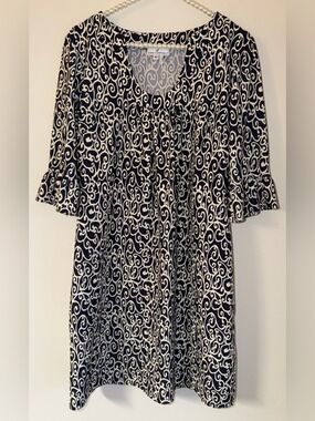 Jude Connally Shift Dress Size M Navy Blue Cream Ruffle Sleeve